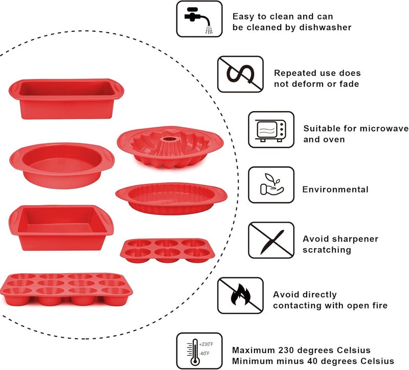 Aschef 9in1 Nonstick Silicone Baking Bundt Cake Pan Cookie Sheet Molds Tray Set for Oven, BPA Free Heat Resistant Bakeware Tools Kit for Muffin Loaf Bread Pizza Cheesecake Cupcake Pie Utensils, Red - Image 2